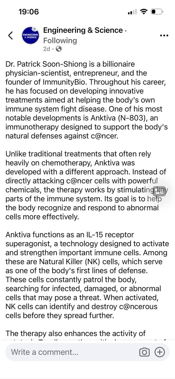 Facebook post screenshot about Patrick Soon-Shiong and Anktiva