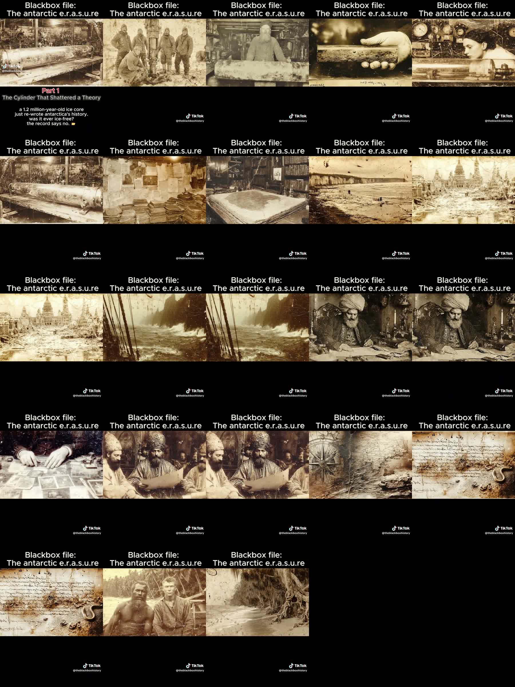 Contact sheet from the TikTok about Antarctic ice cores and the Piri Reis map