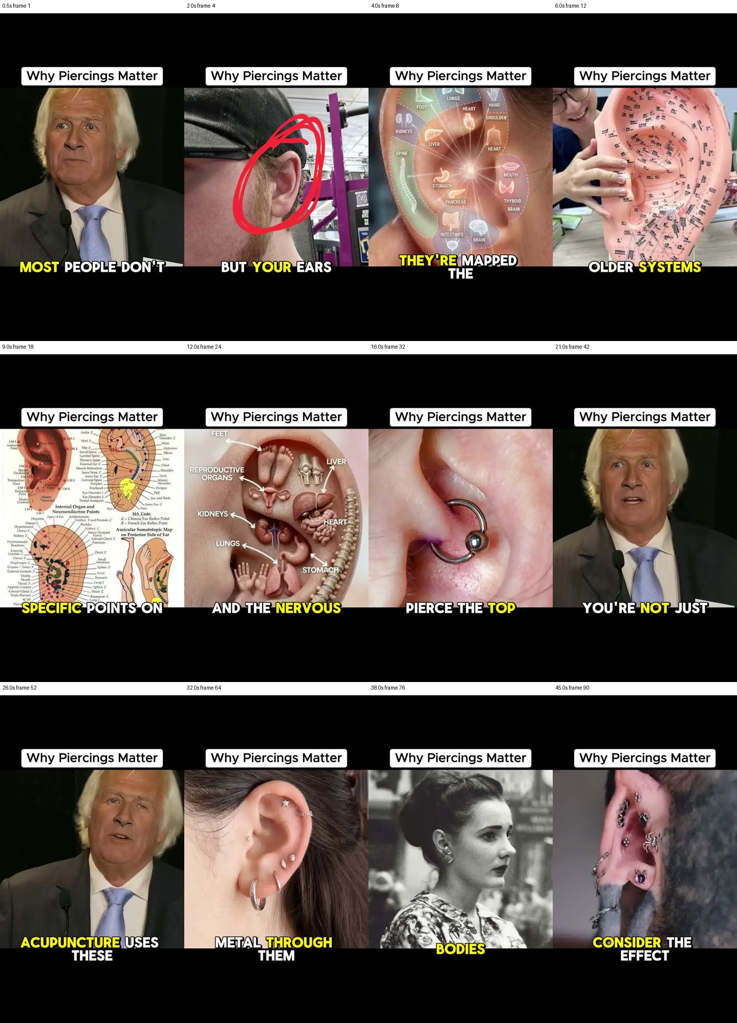 Selected frame sheet from TikTok showing ear acupuncture and piercing claim visuals